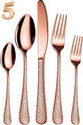 Manishaware Hammered Rose Gold 5 Pcs Stainless Steel Cutlery Set for Dining Table, Dishwasher Safe Glossy Flatware (1 spoon set+1 forks set+1 Butter knife+1 Dessert Spoon+ 1 Fruit Fork)