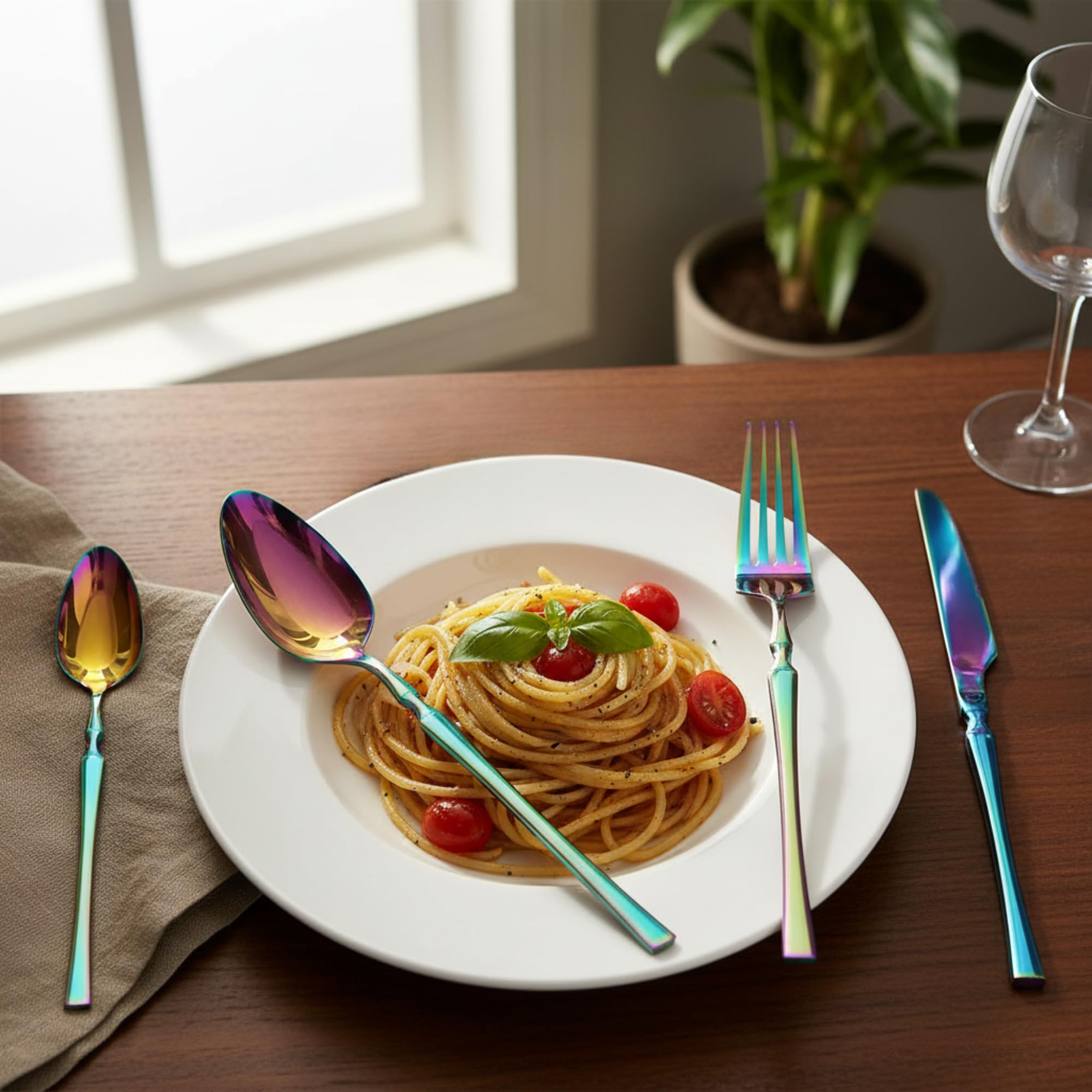 Manishaware Elegant Handle Rainbow 16 Pcs Stainless Steel Cutlery Set for Dining Table, Dishwasher Safe Glossy Flatware (4 spoon set+4 forks set+4 Butter knife+4 Dessert Spoon)