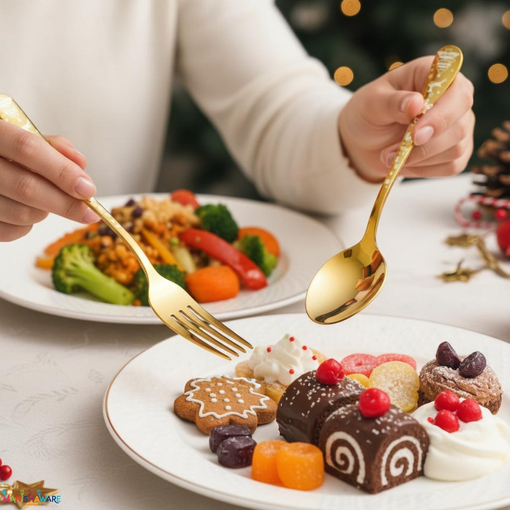 Manishaware Christmas Gold 15 Pcs Stainless Steel Cutlery Set for Dining Table, Dishwasher Safe Glossy Flatware (3 spoon set+3 forks set+3 Butter knife+3 Dessert Spoon+ 3 Fruit Fork)