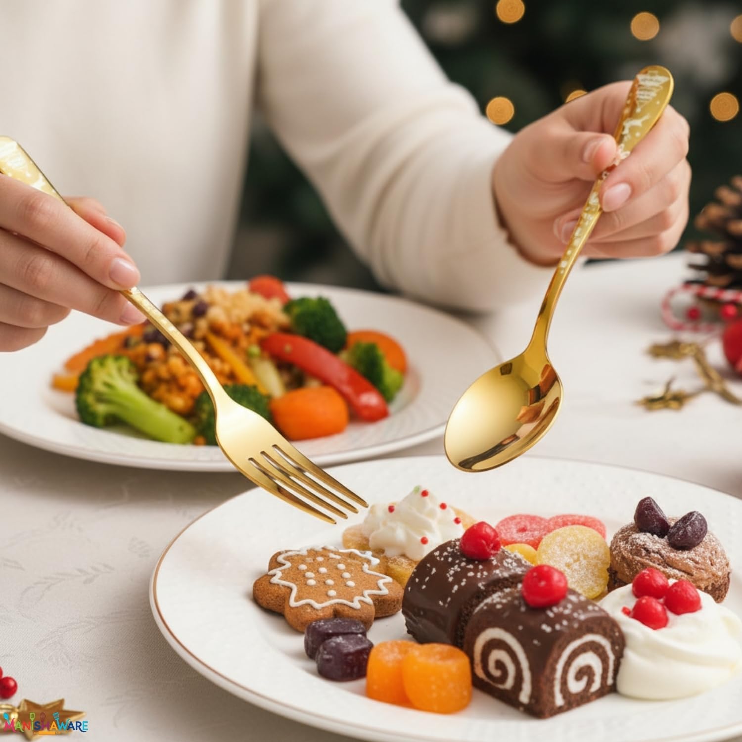Manishaware Christmas Gold 15 Pcs Stainless Steel Cutlery Set for Dining Table, Dishwasher Safe Glossy Flatware (3 spoon set+3 forks set+3 Butter knife+3 Dessert Spoon+ 3 Fruit Fork)