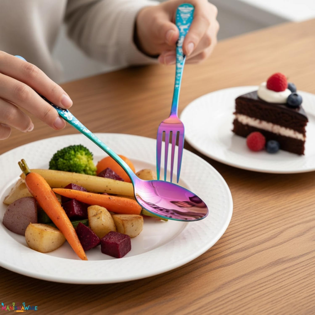 Manishaware Christmas Rainbow 15 Pcs Stainless Steel Cutlery Set for Dining Table, Dishwasher Safe Glossy Flatware (3 spoon set+3 forks set+3 Butter knife+3 Dessert Spoon+ 3 Fruit Fork)