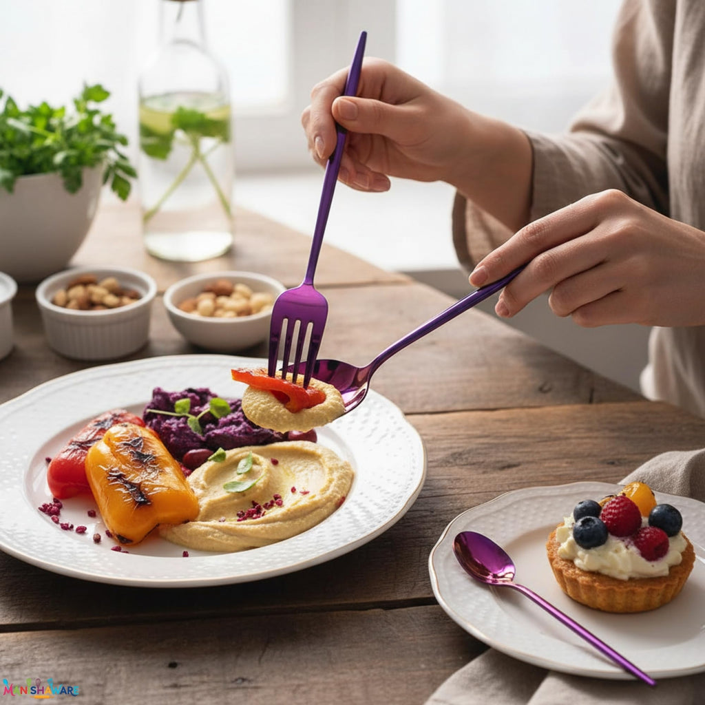 Manishaware Slim Handle Pink 8 Pcs Stainless Steel Cutlery Set for Dining Table, Dishwasher Safe Glossy Flatware (2 spoon set+2 forks set+2 Butter knife+2 Dessert Spoon)