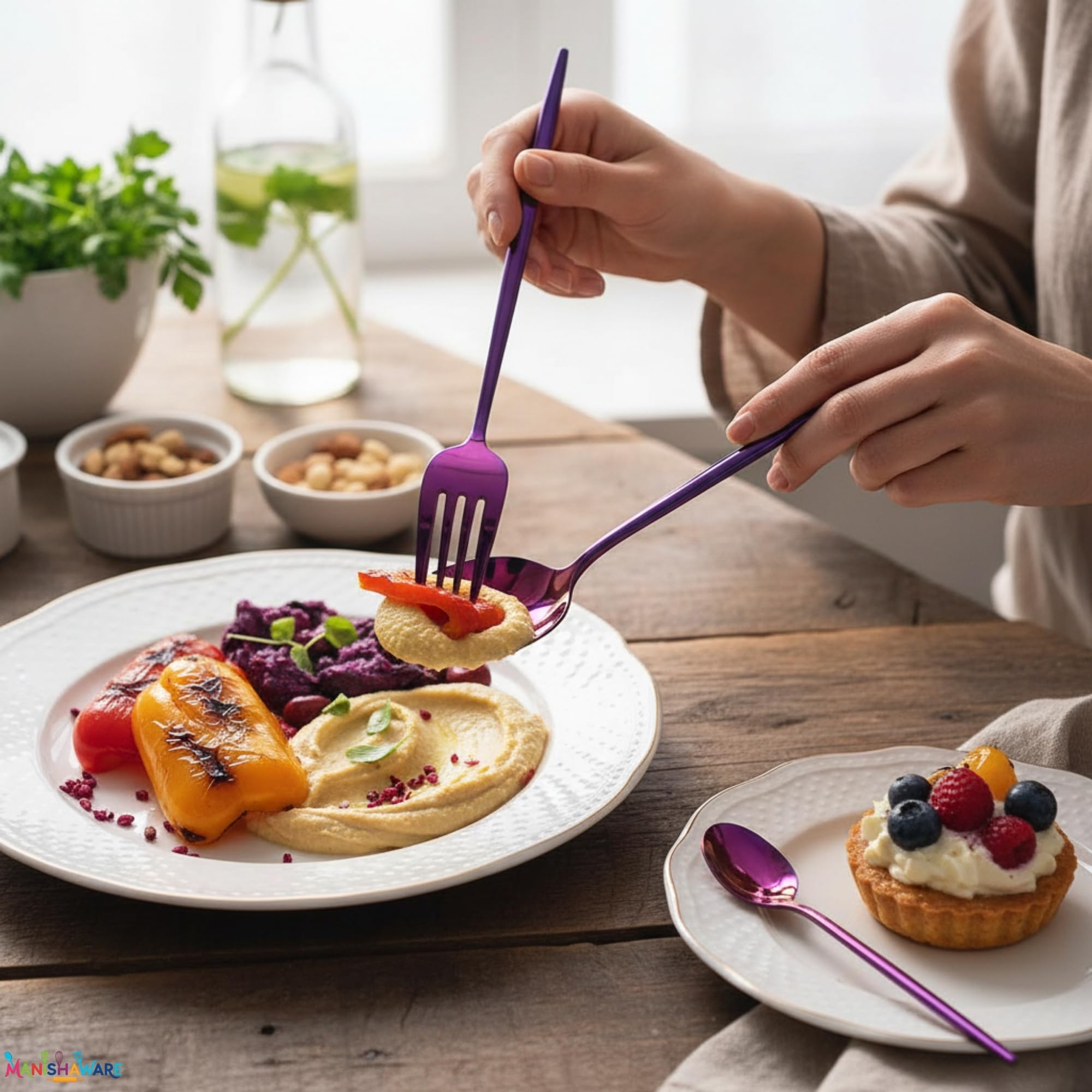 Manishaware Slim Handle Pink 8 Pcs Stainless Steel Cutlery Set for Dining Table, Dishwasher Safe Glossy Flatware (2 spoon set+2 forks set+2 Butter knife+2 Dessert Spoon)