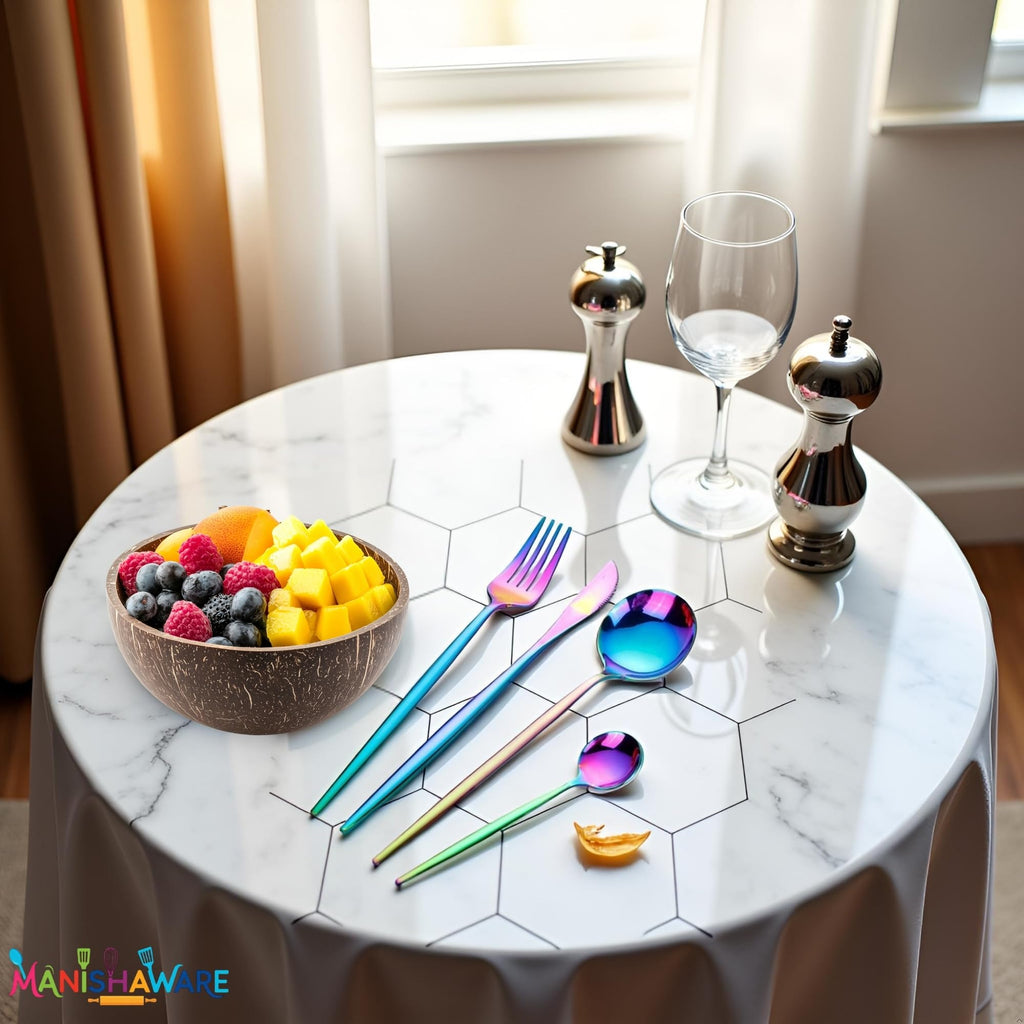 Manishaware Slim Handle Rainbow 20 Pcs Stainless Steel Cutlery Set for Dining Table, Dishwasher Safe Glossy Flatware (5 spoon set+5 forks set+5 Butter knife+5 Dessert Spoon)