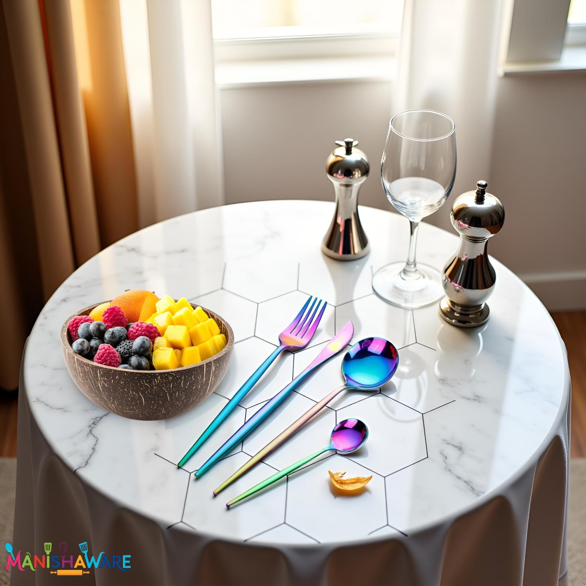 Manishaware Slim Handle Rainbow 20 Pcs Stainless Steel Cutlery Set for Dining Table, Dishwasher Safe Glossy Flatware (5 spoon set+5 forks set+5 Butter knife+5 Dessert Spoon)