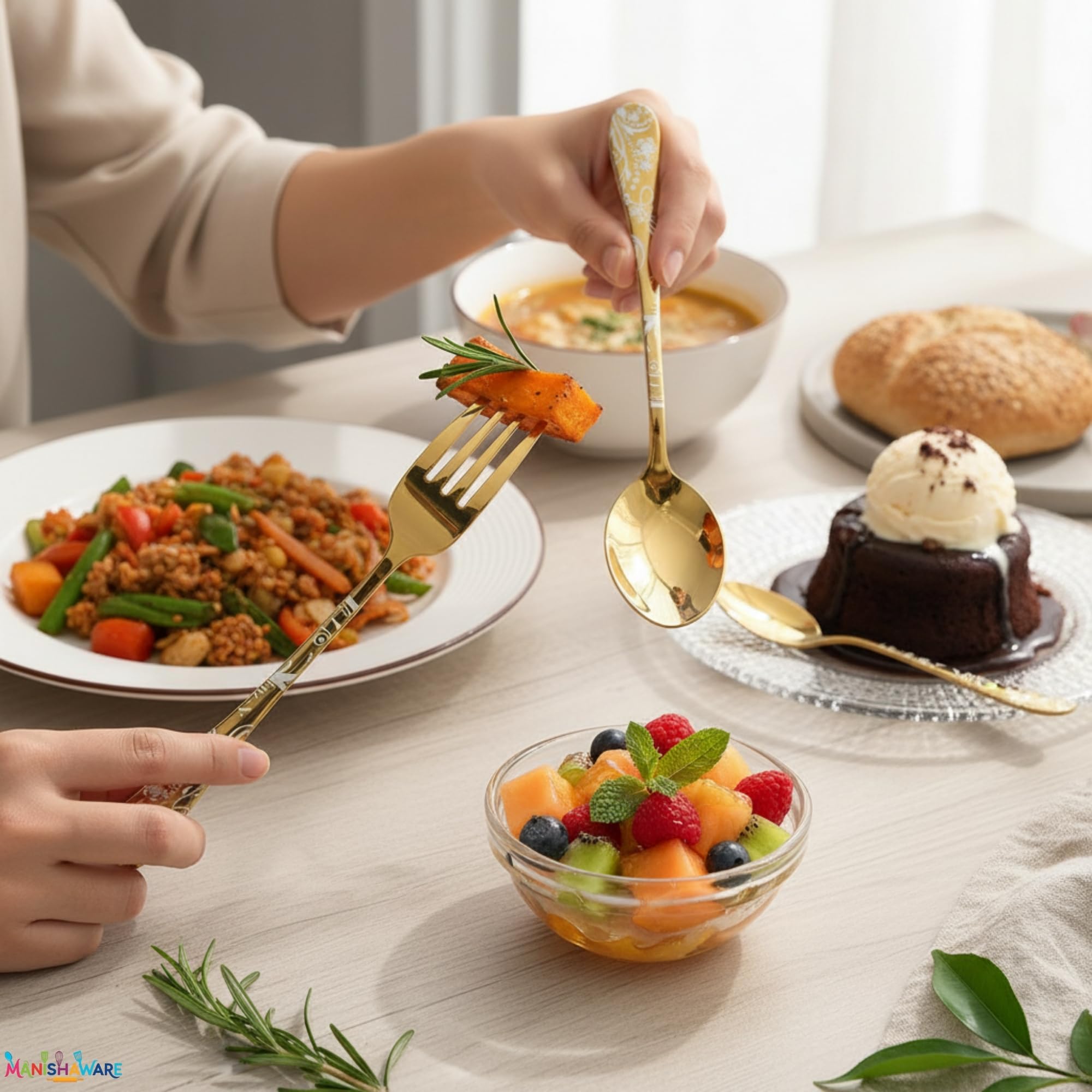 Manishaware Floral Gold 15 Pcs Stainless Steel Cutlery Set for Dining Table, Dishwasher Safe Glossy Flatware (3 spoon set+3 forks set+3 Butter knife+3 Dessert Spoon+ 3 FruitFork)