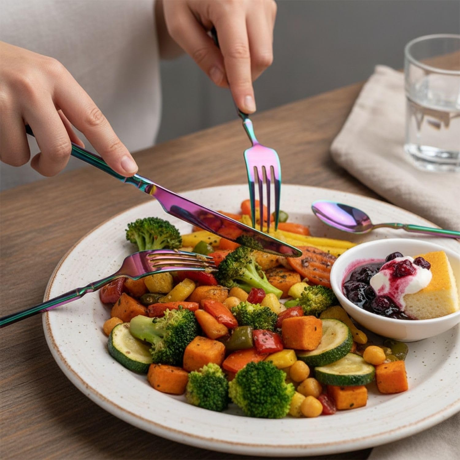 Manishaware Elegant Handle Rainbow 20 Pcs Stainless Steel Cutlery Set for Dining Table, Dishwasher Safe Glossy Flatware (4 spoon set+4 forks set+4 Butter knife+4 Dessert Spoon+ 4 Fruit Fork)