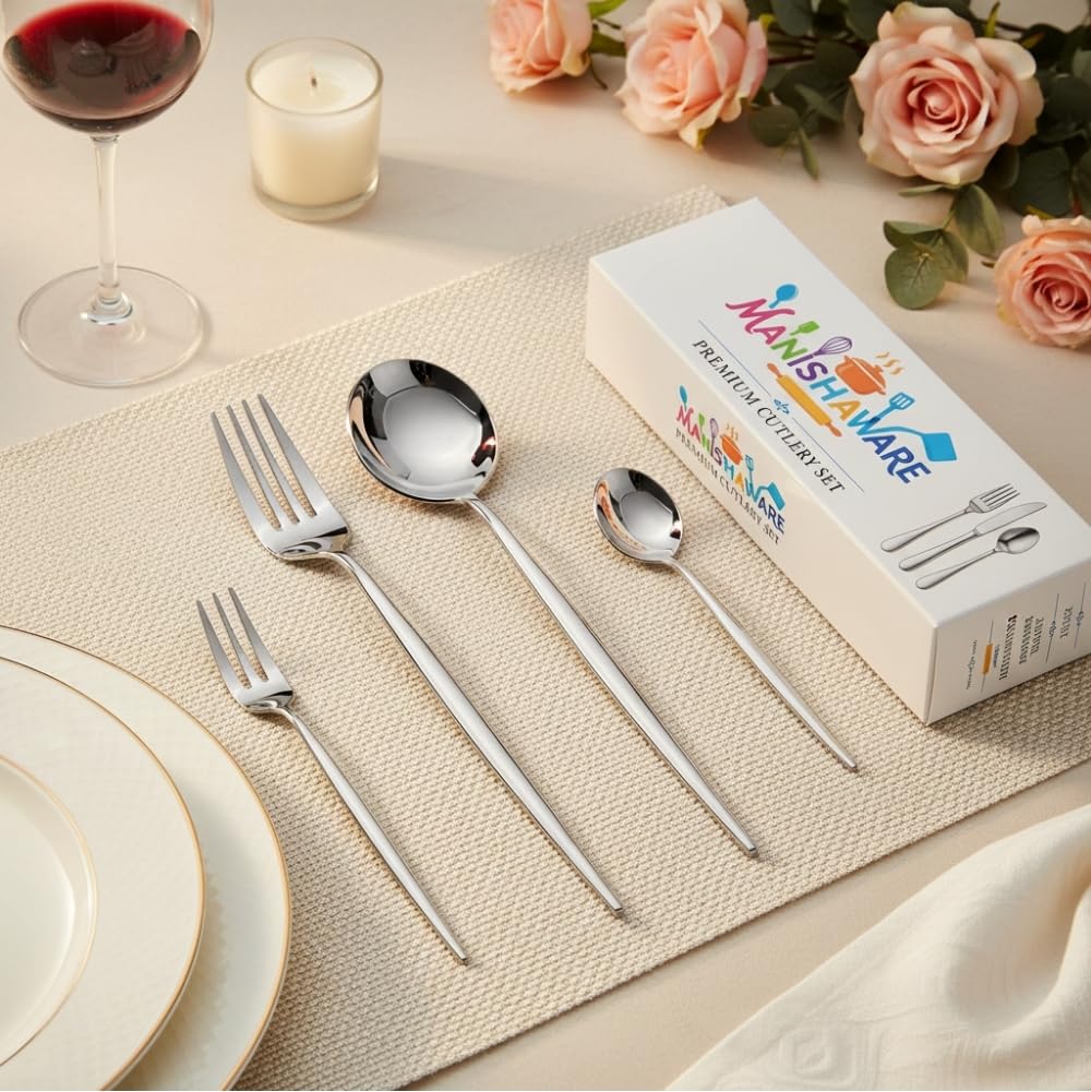 Silver Slim Indian cutlery set, rust resistant stainless steel, a perfect wedding, housewarming, corporate and festival gift