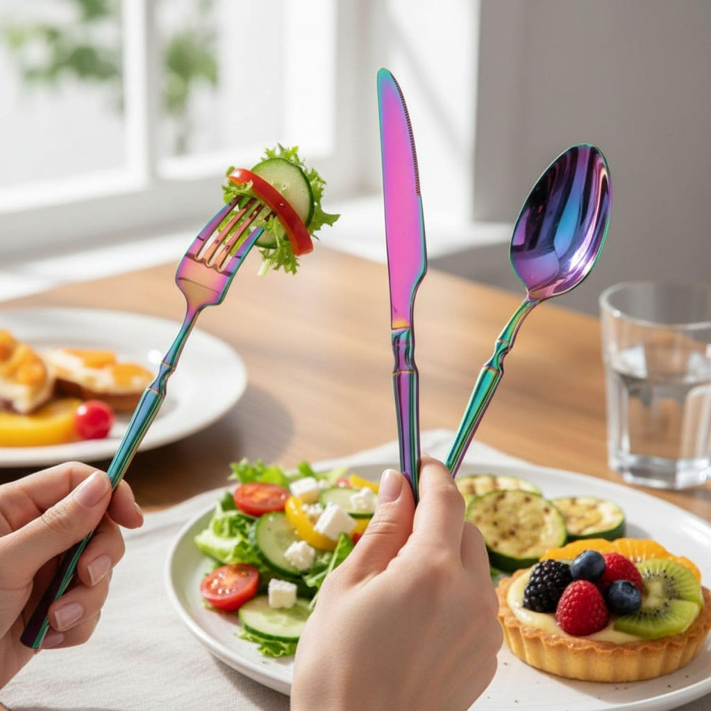 Manishaware Elegant Handle Rainbow 30 Pcs Stainless Steel Cutlery Set for Dining Table, Dishwasher Safe Glossy Flatware (6 spoon set+6 forks set+6 Butter knife+6 Dessert Spoon+ 6 Fruit Fork)