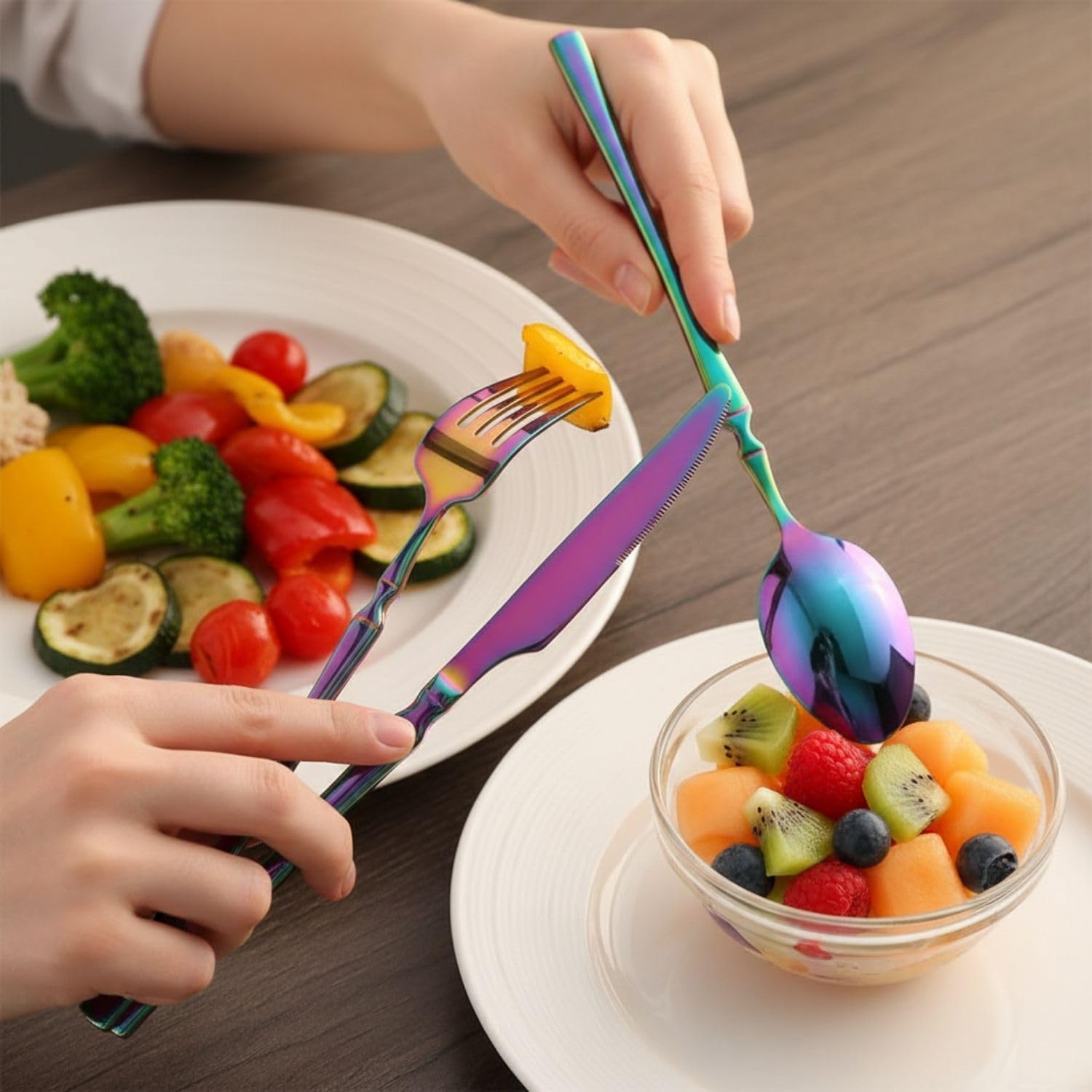 Manishaware Elegant Handle Rainbow 30 Pcs Stainless Steel Cutlery Set for Dining Table, Dishwasher Safe Glossy Flatware (6 spoon set+6 forks set+6 Butter knife+6 Dessert Spoon+ 6 Fruit Fork)