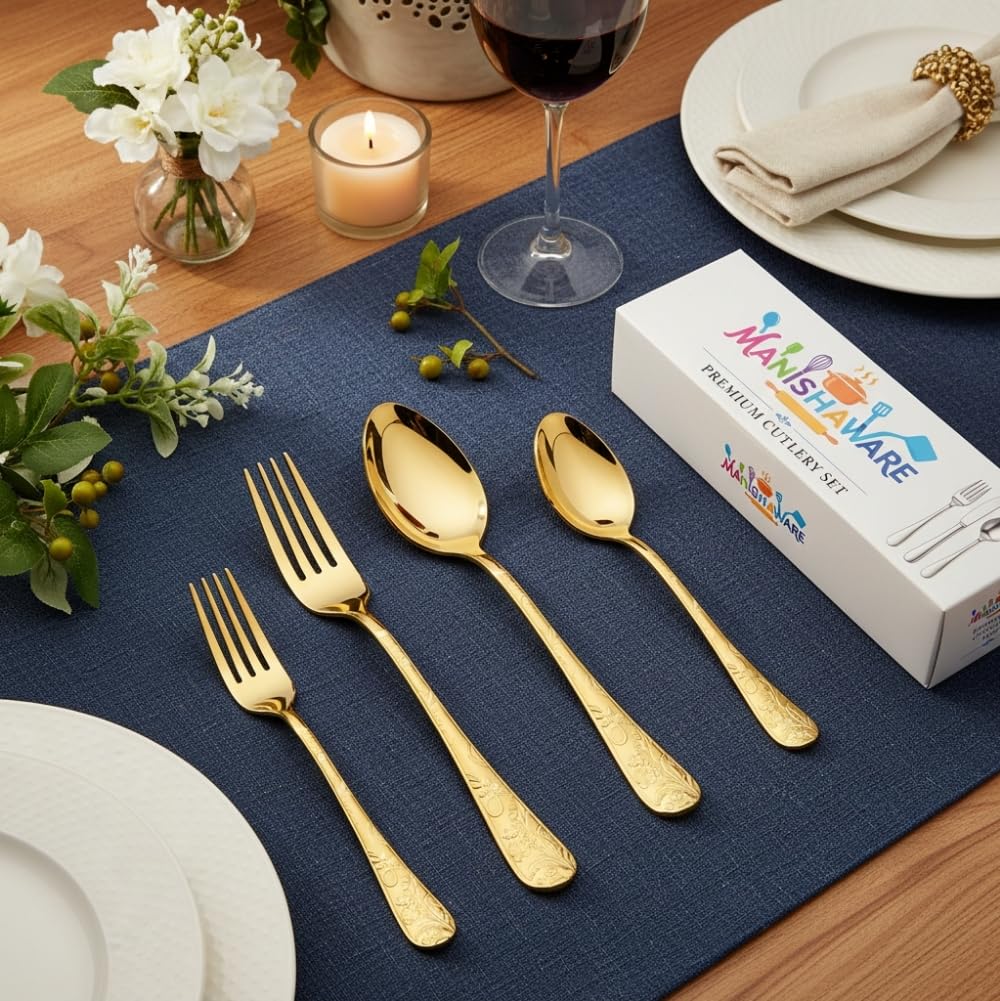 Gold Floral Indian cutlery set, rust resistant stainless steel, a perfect wedding, housewarming, corporate and festival gift