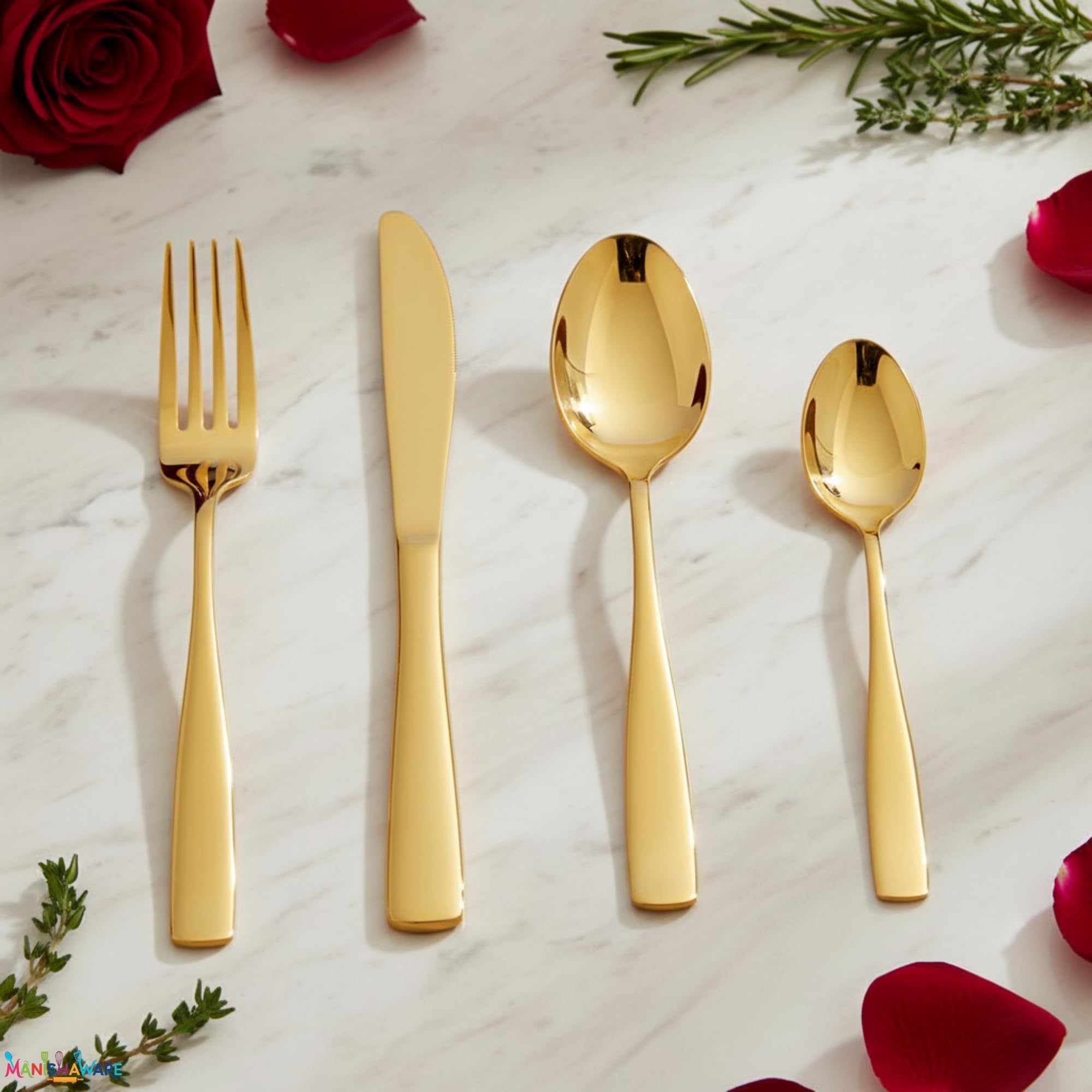 Manishaware Mirror Polished Gold 16 Pcs Stainless Steel Cutlery Set for Dining Table, Dishwasher Safe Glossy Flatware (4 spoon set + 4 forks set + 4 Butter knife + 4 Dessert Spoon)