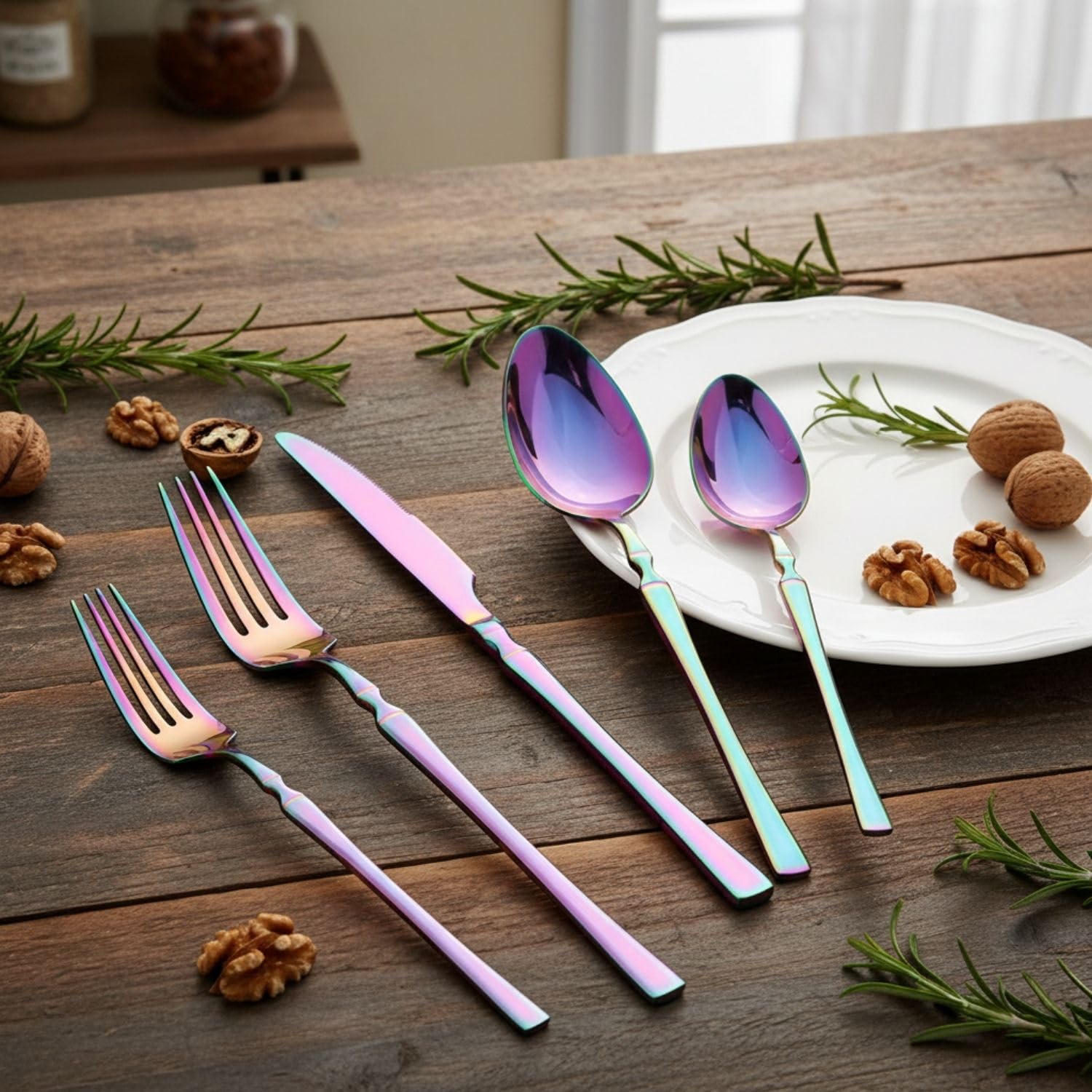 Manishaware Elegant Handle Rainbow 20 Pcs Stainless Steel Cutlery Set for Dining Table, Dishwasher Safe Glossy Flatware (4 spoon set+4 forks set+4 Butter knife+4 Dessert Spoon+ 4 Fruit Fork)