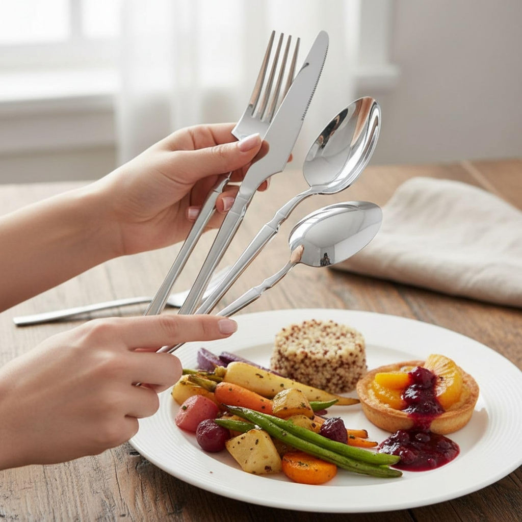 Manishaware Elegant Handle Silver 12 Pcs Heavy duty Stainless Steel Cutlery Set for Dining table (3 pcs spoon set+3 pcs forks set+3 pcs Butter knife+3 pcs Dessert Spoon for kitchen)