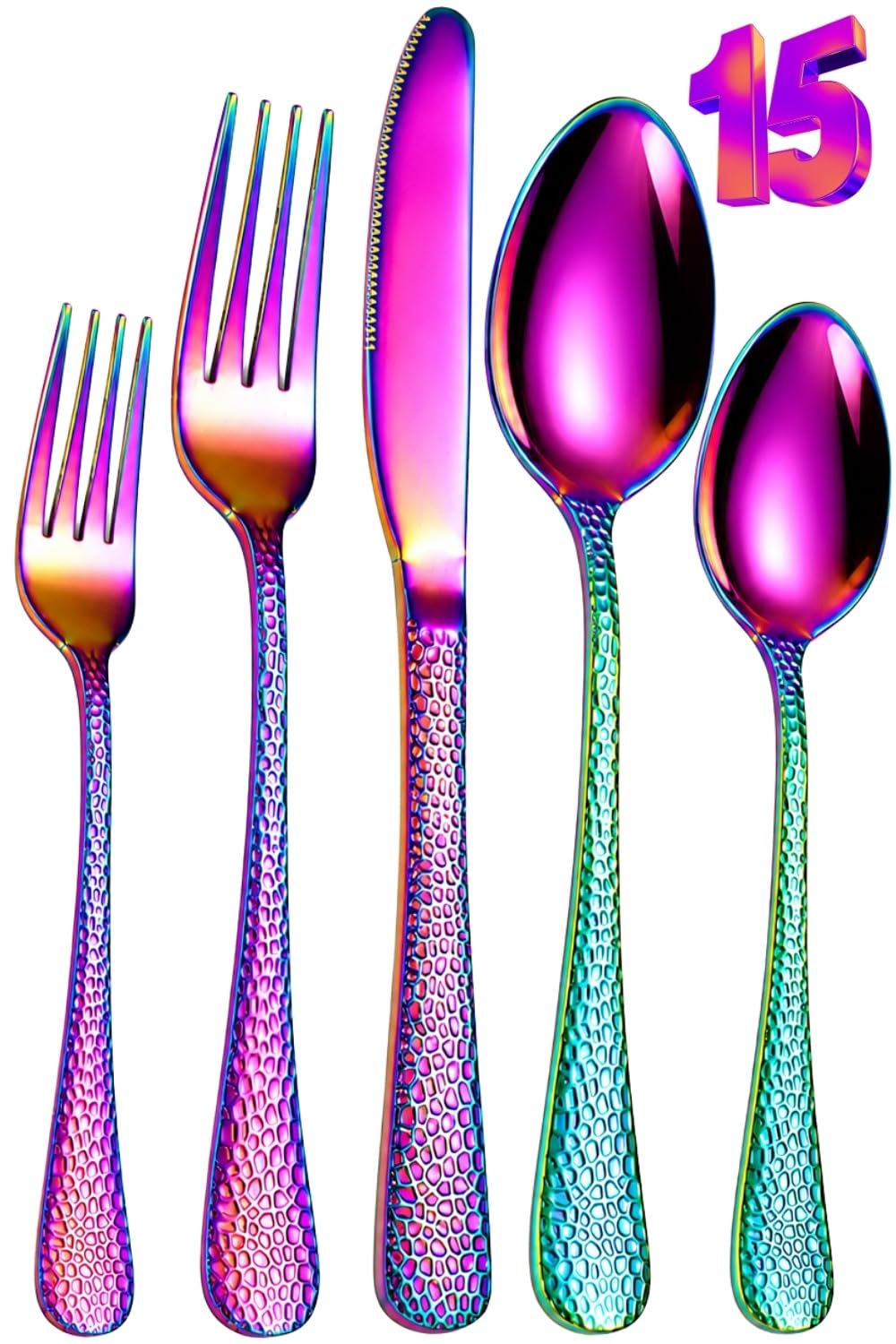 Manishaware Hammered Rainbow 15 Pcs Stainless Steel Cutlery Set for Dining Table, Dishwasher Safe Glossy Flatware (3 spoon set+3 forks set+3 Butter knife+3 Dessert Spoon+ 3 Fruit Fork)