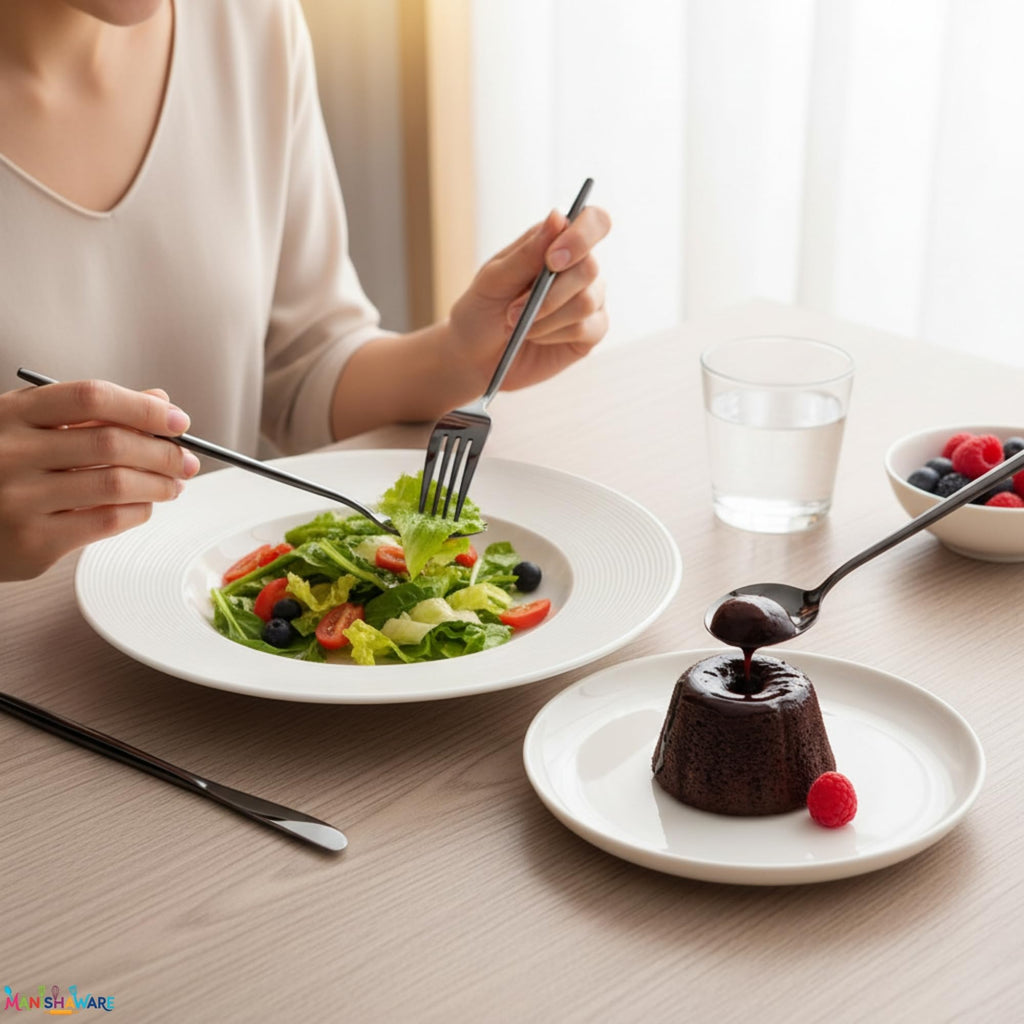 Manishaware Slim Handle Black 8 Pcs Stainless Steel Cutlery Set for Dining Table, Dishwasher Safe Glossy Flatware (2 spoon set+2 forks set+2 Butter knife+2 Dessert Spoon)