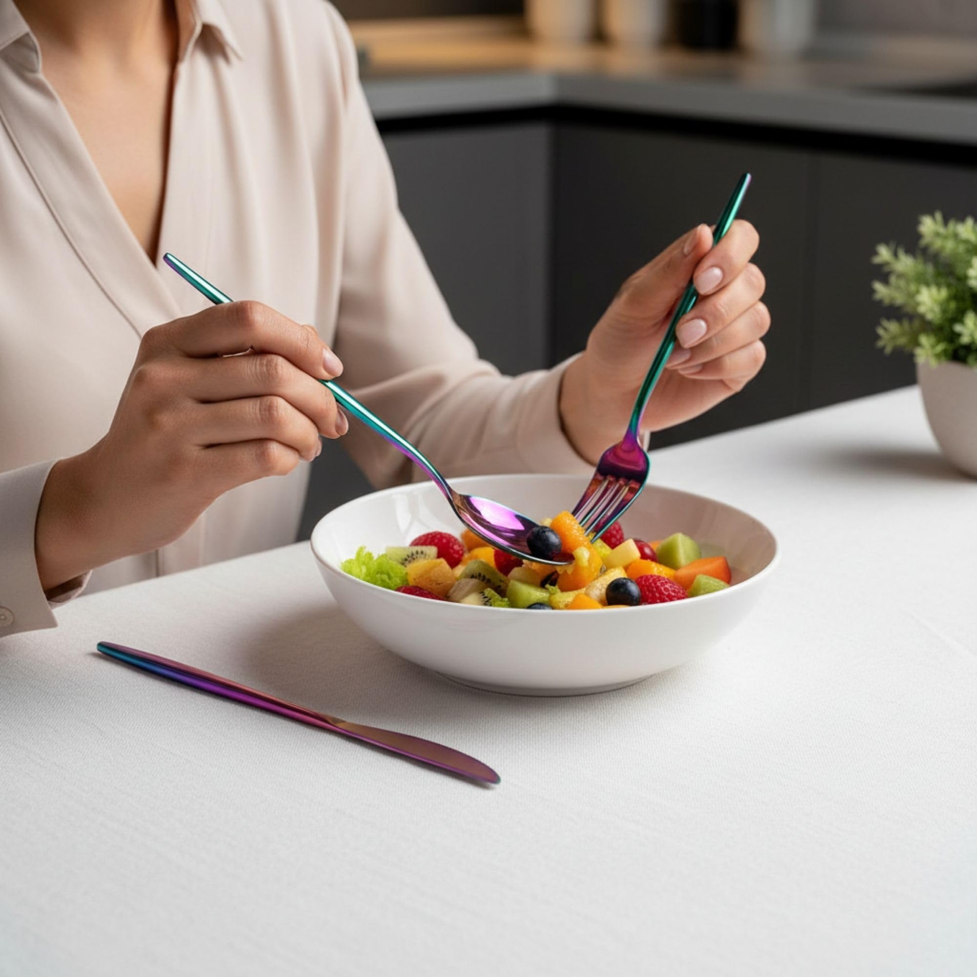 Manishaware Slim Handle Rainbow 20 Pcs Stainless Steel Cutlery Set for Dining Table, Dishwasher Safe Glossy Flatware (4 spoon set+4 forks set+4 Butter knife+4 Dessert Spoon+ 4 Fruit Fork)