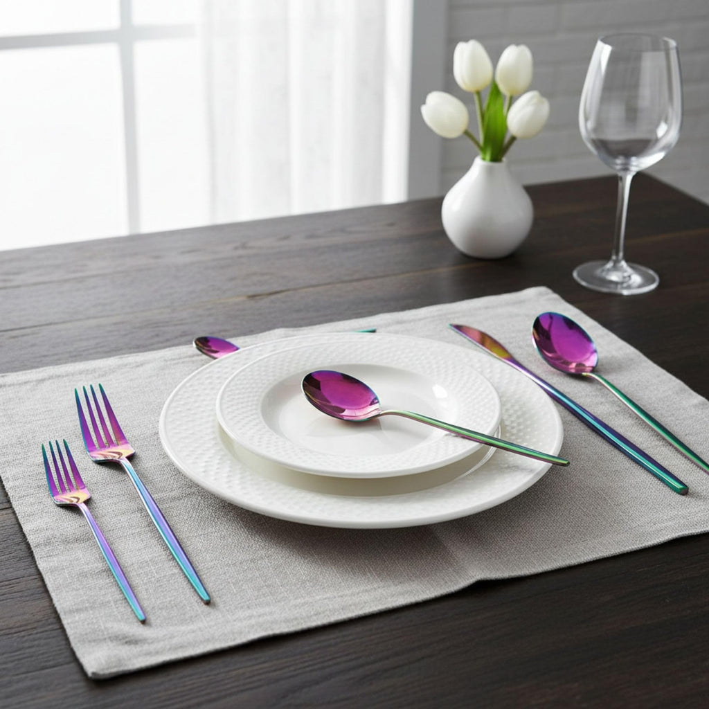 Manishaware Slim Handle Rainbow 15 Pcs Stainless Steel Cutlery Set for Dining Table, Dishwasher Safe Glossy Flatware (3 spoon set+3 forks set+3 Butter knife+3 Dessert Spoon+ 3 Fruit Fork)