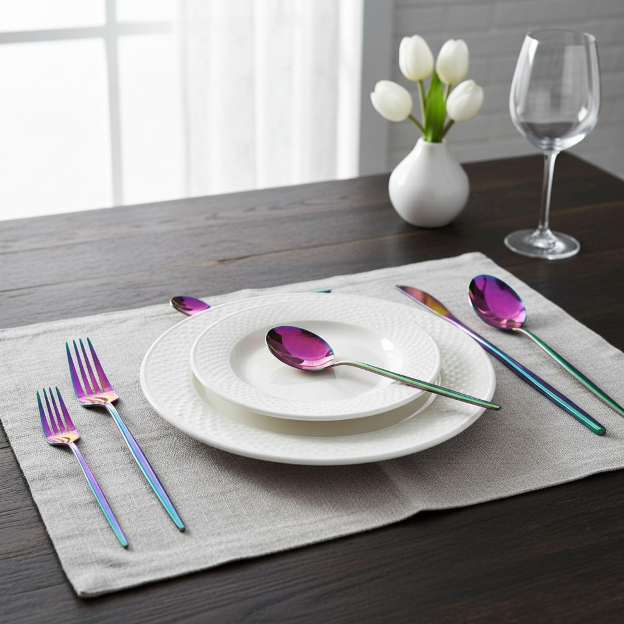 Manishaware Slim Handle Rainbow 15 Pcs Stainless Steel Cutlery Set for Dining Table, Dishwasher Safe Glossy Flatware (3 spoon set+3 forks set+3 Butter knife+3 Dessert Spoon+ 3 Fruit Fork)
