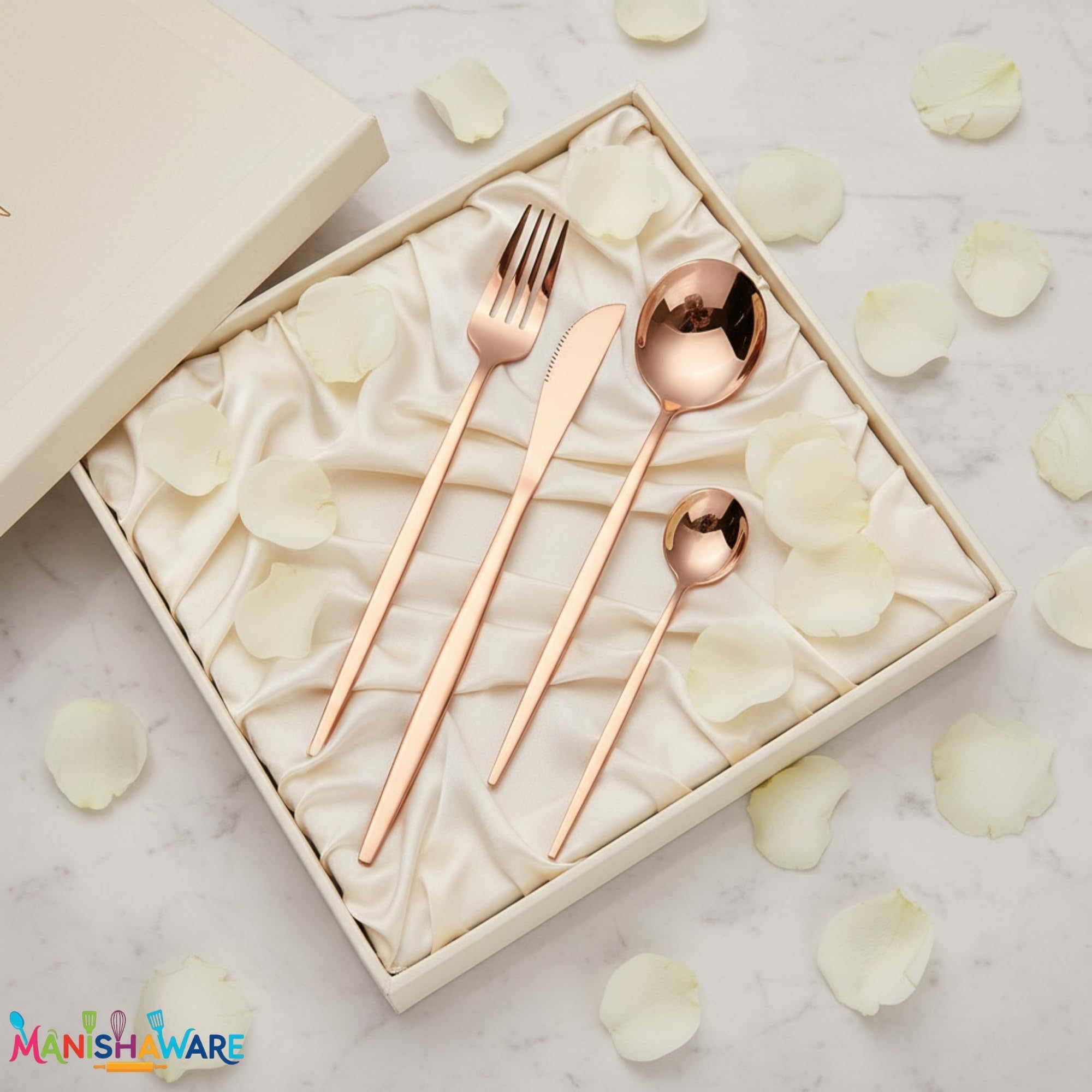 Manishaware Slim Handle Stainless Steel Cutlery Set for Dining Table, Dishwasher Safe Glossy Flatware (6 spoon set+6 forks set+6 Butter knife+6 Dessert Spoon)