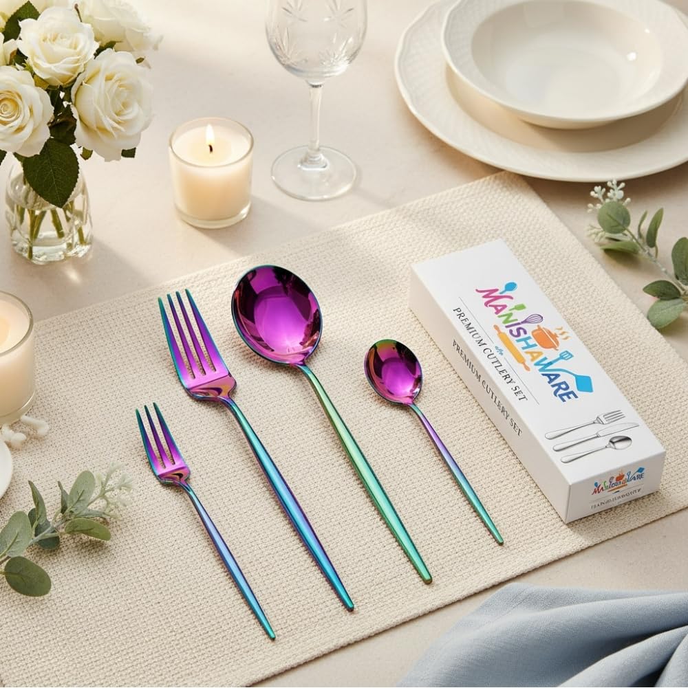 Rainbow Slim Indian cutlery set, rust resistant stainless steel, a perfect wedding, housewarming, corporate and festival gift