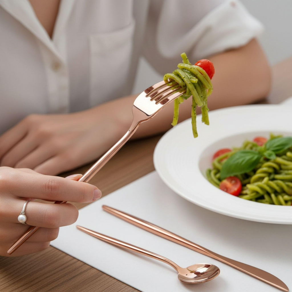 Manishaware Slim Handle Rose Gold 20 Pcs Stainless Steel Cutlery Set for Dining Table, Dishwasher Safe Glossy Flatware (4 spoon set+4 forks set+4 Butter knife+4 Dessert Spoon+ 4 Fruit Fork)