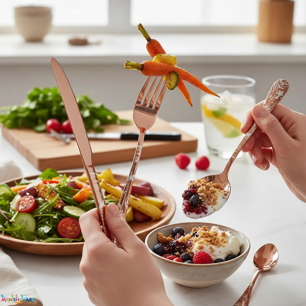 Manishaware Floral Rose Gold 15 Pcs Stainless Steel Cutlery Set for Dining Table, Dishwasher Safe Glossy Flatware (3 spoon set+3 forks set+3 Butter knife+3 Dessert Spoon+ 3 FruitFork)