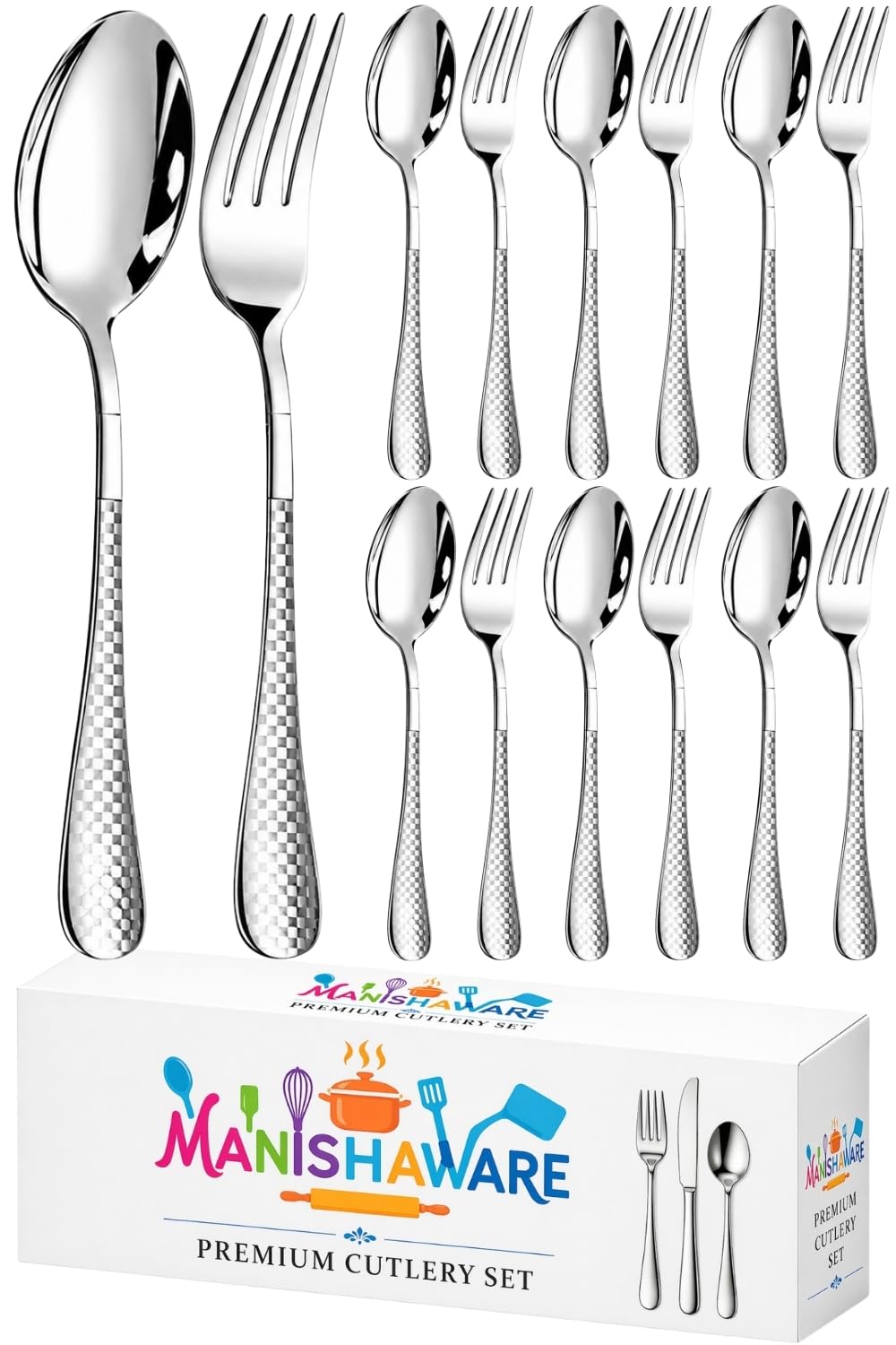Manishaware Mirror Polished 12 Pcs Stainless Steel Cutlery Set for Dining Table, Dishwasher Safe Glossy Flatware (6 Forks & 6 Spoons)