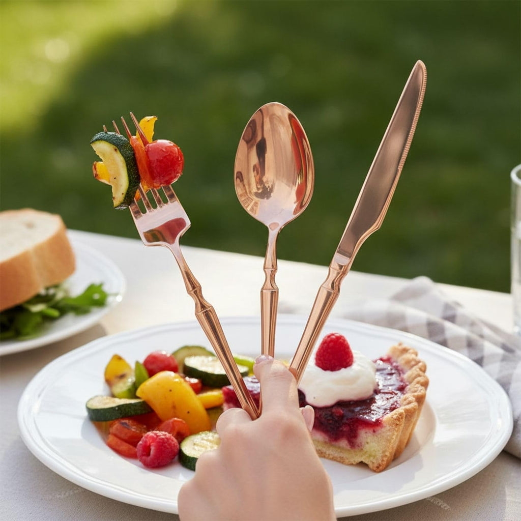 Manishaware Elegant Handle Rose Gold 20 Pcs Stainless Steel Cutlery Set for Dining Table, Dishwasher Safe Glossy Flatware (4 spoon set+4 forks set+4 Butter knife+4 Dessert Spoon+ 4 Fruit Fork)