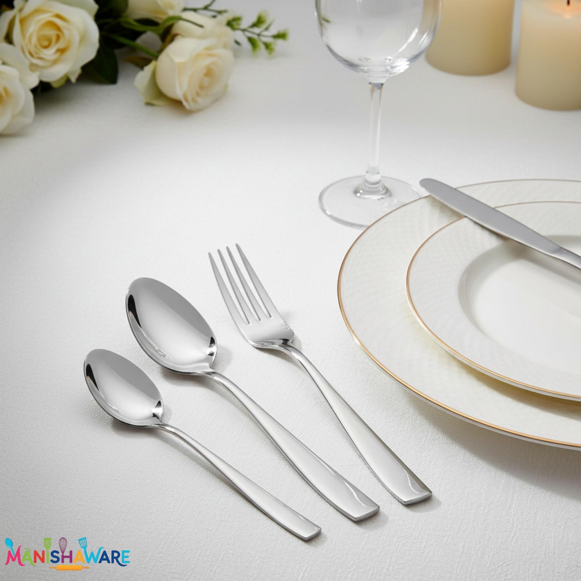 Manishaware Mirror Polished Silver 12 Pcs Stainless Steel Cutlery Set for Dining Table, Dishwasher Safe Glossy Flatware (3 spoon set + 3 forks set + 3 Butter knife + 3 Dessert Spoon)