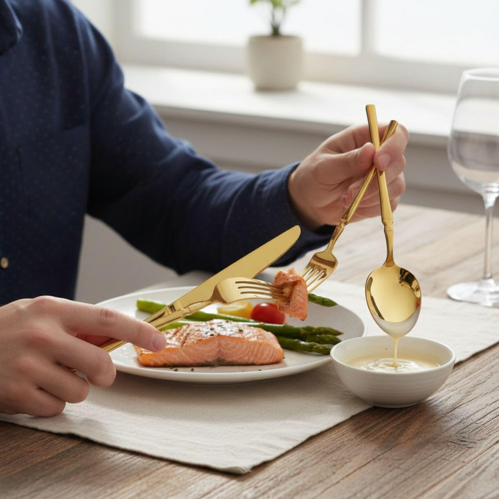 Manishaware Elegant Handle Gold 8 Pcs Heavy duty Stainless Steel Cutlery Set for Dining table (2 pcs spoon set+2 pcs forks set+2 pcs Butter knife+2 pcs Dessert Spoon for kitchen)