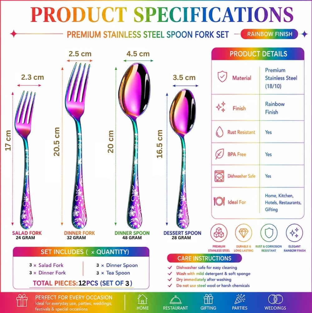 Manishaware Classic Rainbow 12 Pcs Stainless Steel Cutlery Set for Dining Table, Dishwasher Safe Glossy Flatware