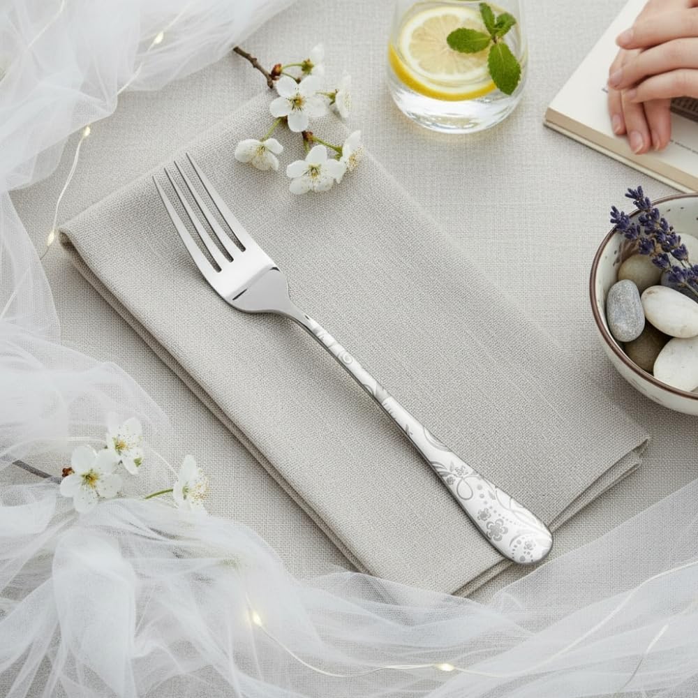 Silver Floral fork set, rust resistant stainless steel, a perfect wedding, housewarming, corporate and festival gift