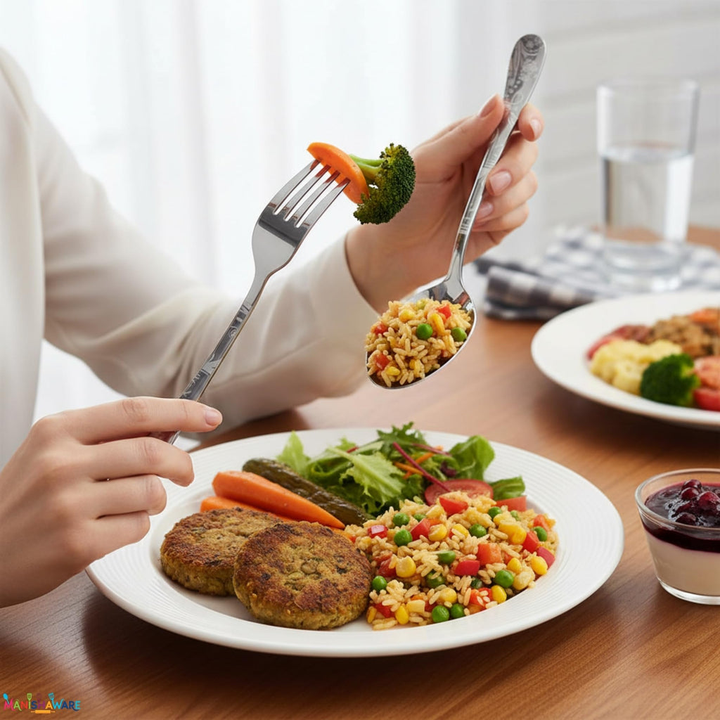 Manishaware Floral Silver 20 Pcs Stainless Steel Cutlery Set for Dining Table, Dishwasher Safe Glossy Flatware (4 spoon set+4 forks set+4 Butter knife+4 Dessert Spoon+ 4 FruitFork)