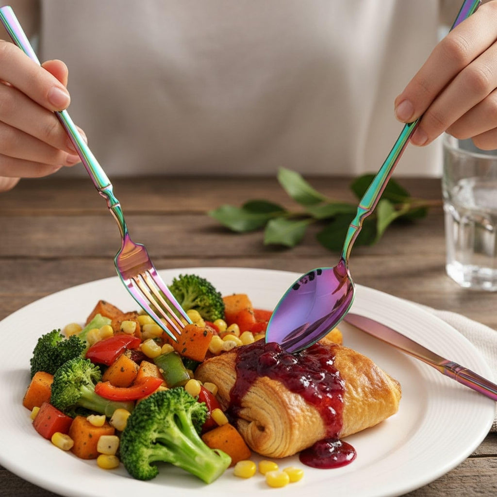 Manishaware Elegant Handle Rainbow 25 Pcs Stainless Steel Cutlery Set for Dining Table, Dishwasher Safe Glossy Flatware (5 spoon set+5 forks set+5 Butter knife+5 Dessert Spoon+5 Fruit Fork)