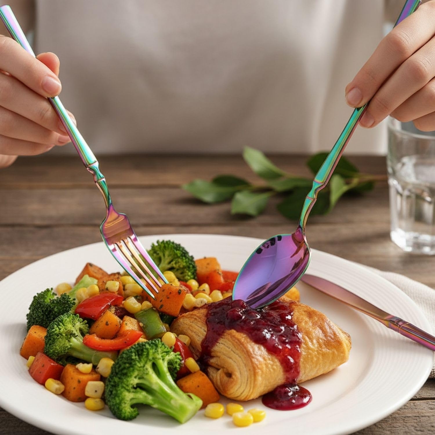 Manishaware Elegant Handle Rainbow 25 Pcs Stainless Steel Cutlery Set for Dining Table, Dishwasher Safe Glossy Flatware (5 spoon set+5 forks set+5 Butter knife+5 Dessert Spoon+5 Fruit Fork)