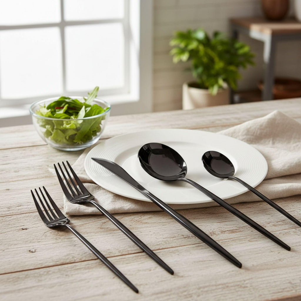 Manishaware Slim Handle 30 Pcs Stainless Steel Cutlery Set for Dining Table, Dishwasher Safe Glossy Flatware (6 spoon set+6 forks set+6 Butter knife+6 Dessert Spoon+ 6 Fruit Fork)