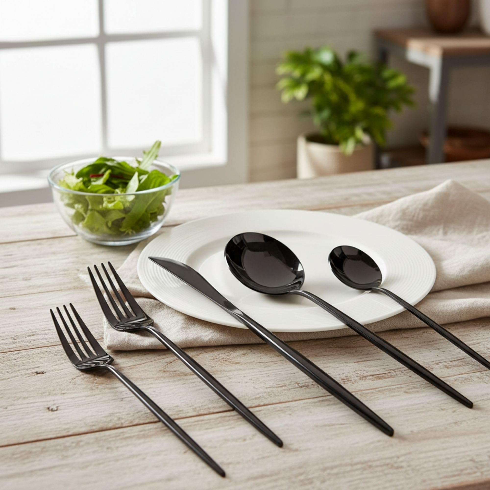 Manishaware Slim Handle Black 15 Pcs Stainless Steel Cutlery Set for Dining Table, Dishwasher Safe Glossy Flatware (3 spoon set+3 forks set+3 Butter knife+3 Dessert Spoon+ 3 Fruit Fork)