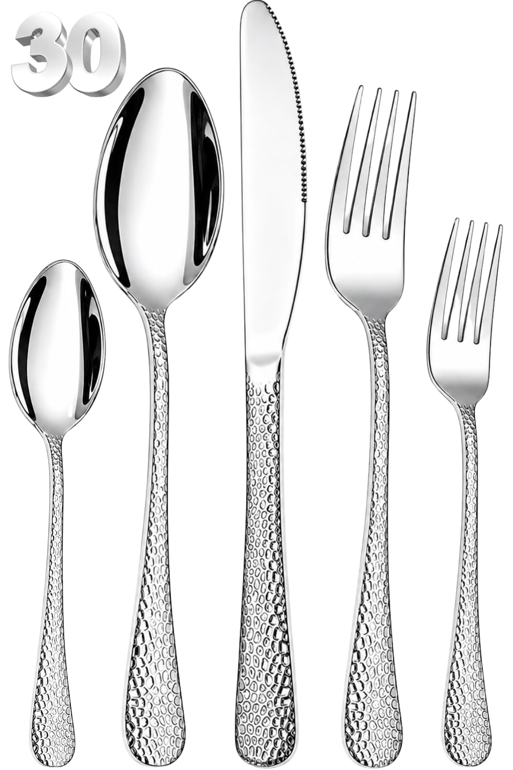 Manishaware Hammered 30 Pcs Stainless Steel Cutlery Set for Dining Table, Dishwasher Safe Glossy Flatware (6 spoon set+6 forks set+6 Butter knife+6 Dessert Spoon+ 6 Fruit Fork)