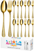 Manishaware Hammered Gold 12 Pcs Stainless Steel Cutlery Set for Dining Table, Dishwasher Safe Glossy Flatware (6 Forks & 6 Spoons)