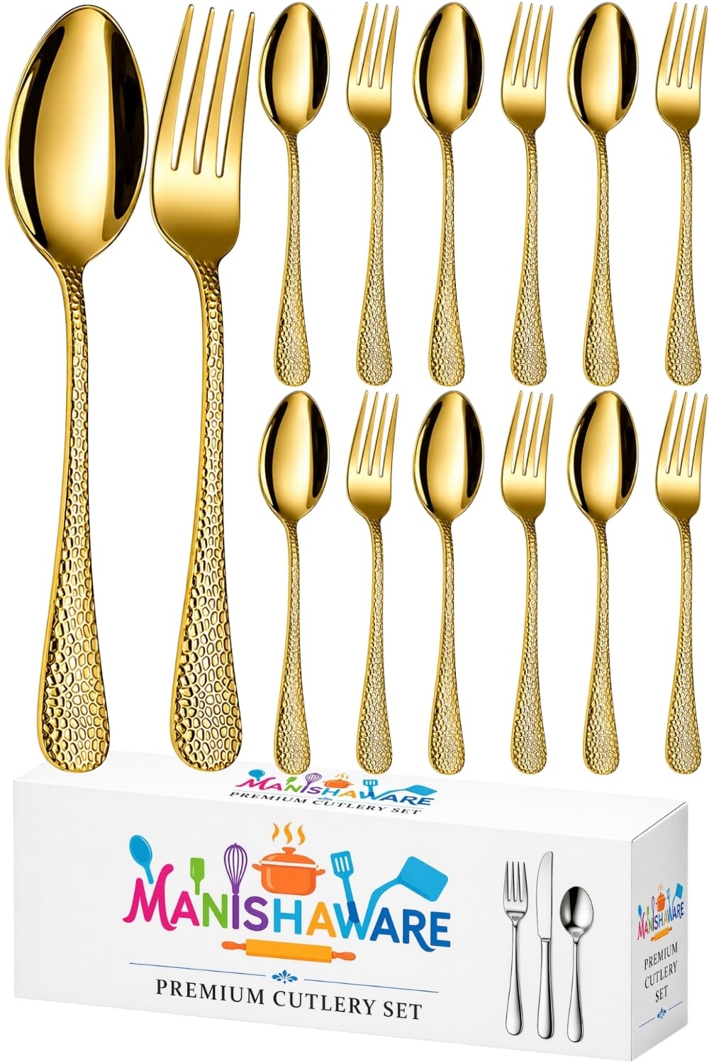 Manishaware Hammered 12 Pcs Stainless Steel Cutlery Set for Dining Table, Dishwasher Safe Glossy Flatware (6 Forks & 6 Spoons)