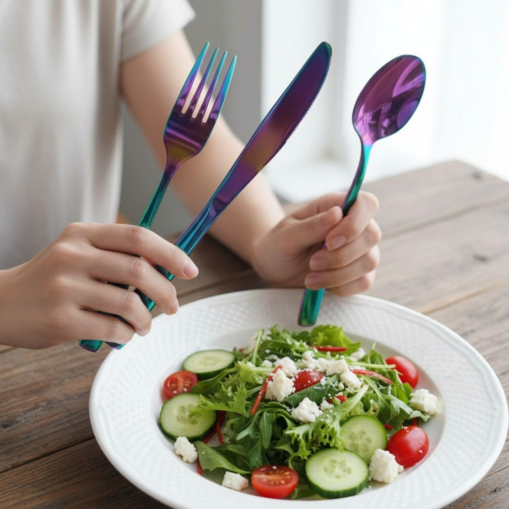 Manishaware Mirror Polished Rainbow 24 Pcs Stainless Steel Cutlery Set for Dining Table, Dishwasher Safe Glossy Flatware (6 spoon set + 6 forks set + 6 Butter knife + 6 Dessert Spoon)