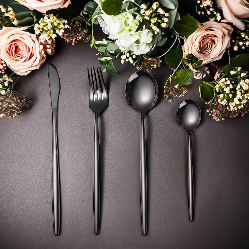 Manishaware Slim Handle Black 20 Pcs Stainless Steel Cutlery Set for Dining Table, Dishwasher Safe Glossy Flatware (5 spoon set+5 forks set+5 Butter knife+5 Dessert Spoon)