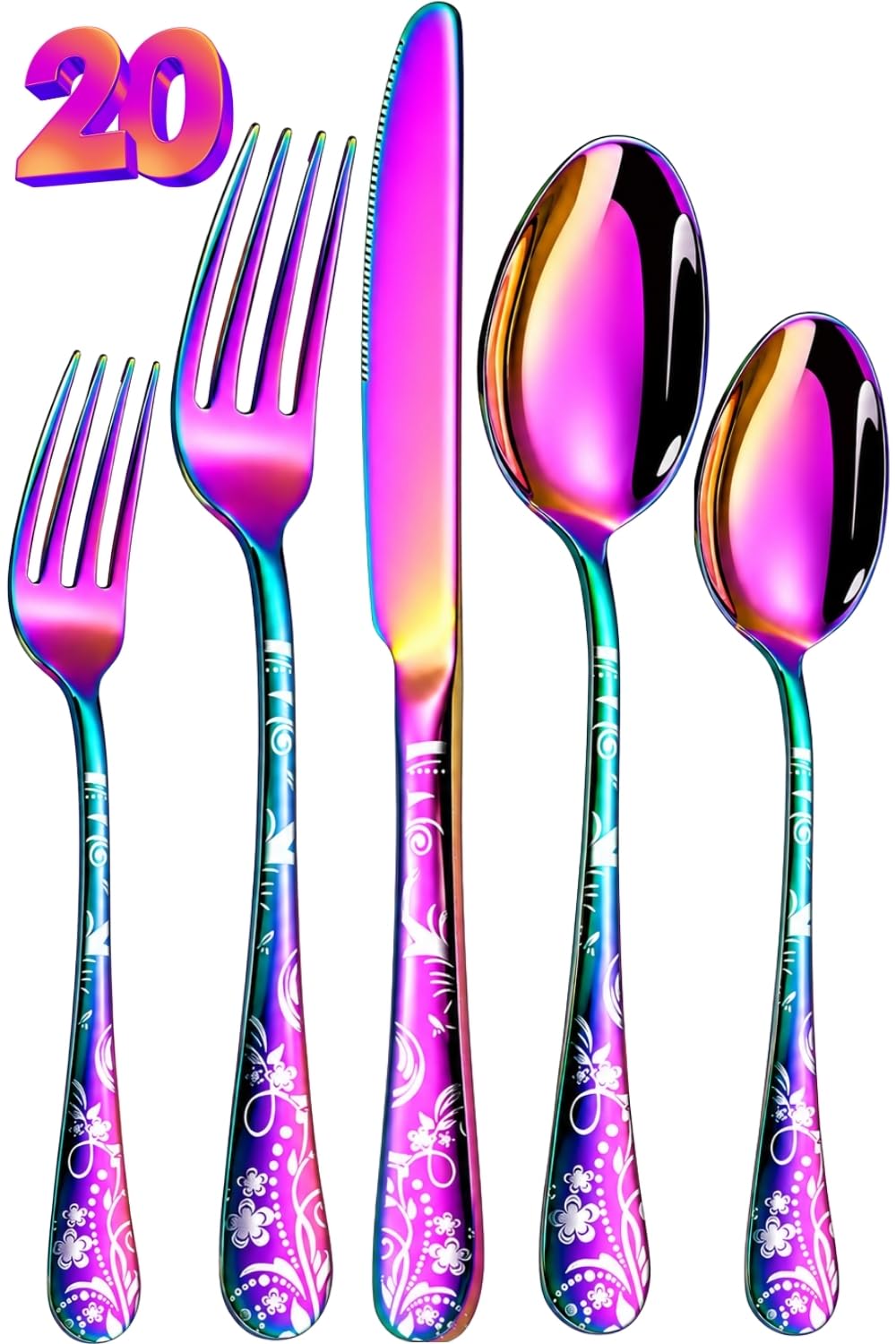 Manishaware Floral Rainbow 20 Pcs Stainless Steel Cutlery Set for Dining Table, Dishwasher Safe Glossy Flatware (4 spoon set+4 forks set+4 Butter knife+4 Dessert Spoon+ 4 FruitFork)