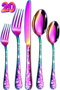 Manishaware Floral Rainbow 20 Pcs Stainless Steel Cutlery Set for Dining Table, Dishwasher Safe Glossy Flatware (4 spoon set+4 forks set+4 Butter knife+4 Dessert Spoon+ 4 FruitFork)