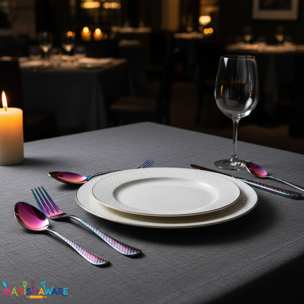 Manishaware Checkered Rainbow 15 Pcs Stainless Steel Cutlery Set for Dining Table, Dishwasher Safe Glossy Flatware (3 spoon set+3 forks set+3 Butter knife+3 Dessert Spoon+ 3 Fruit Fork)
