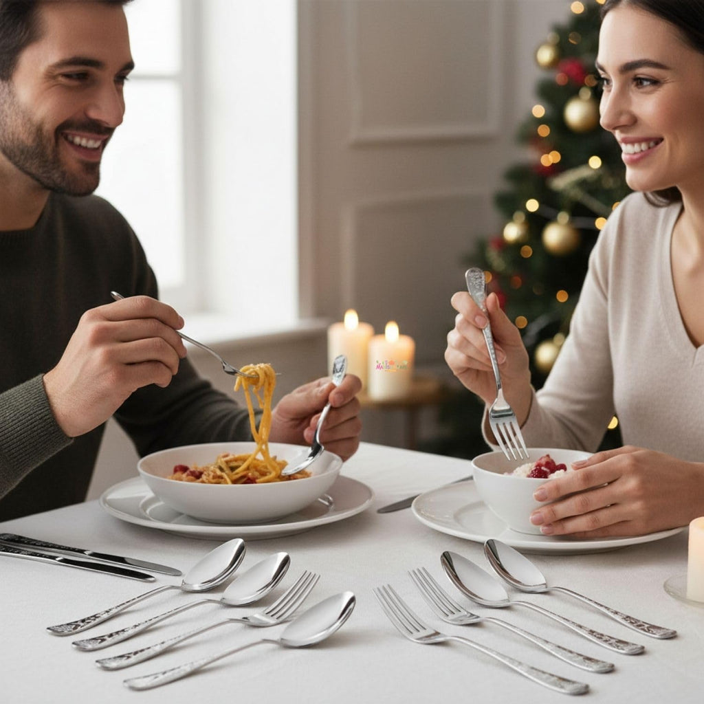 Manishaware Christmas 12 Pcs Stainless Steel Cutlery Set for Dining Table, Dishwasher Safe Glossy Flatware (6 Forks & 6 Spoons)