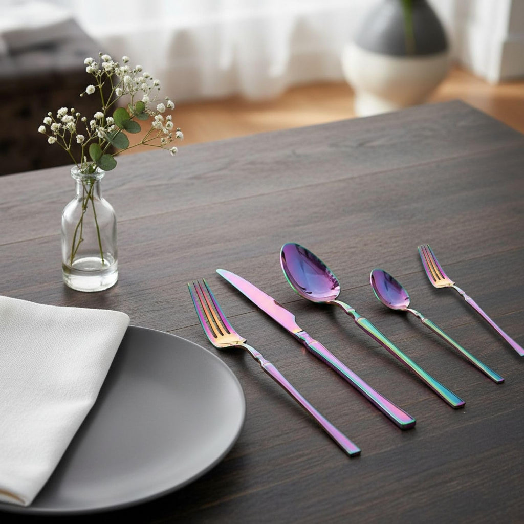 Manishaware Elegant Handle Rainbow 25 Pcs Stainless Steel Cutlery Set for Dining Table, Dishwasher Safe Glossy Flatware (5 spoon set+5 forks set+5 Butter knife+5 Dessert Spoon+5 Fruit Fork)