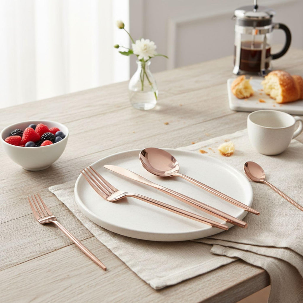 Manishaware Slim Handle Stainless Steel Cutlery Set for Dining Table, Dishwasher Safe Glossy Flatware (6 spoon set+6 forks set+6 Butter knife+6 Dessert Spoon+ 6 Fruit Fork)
