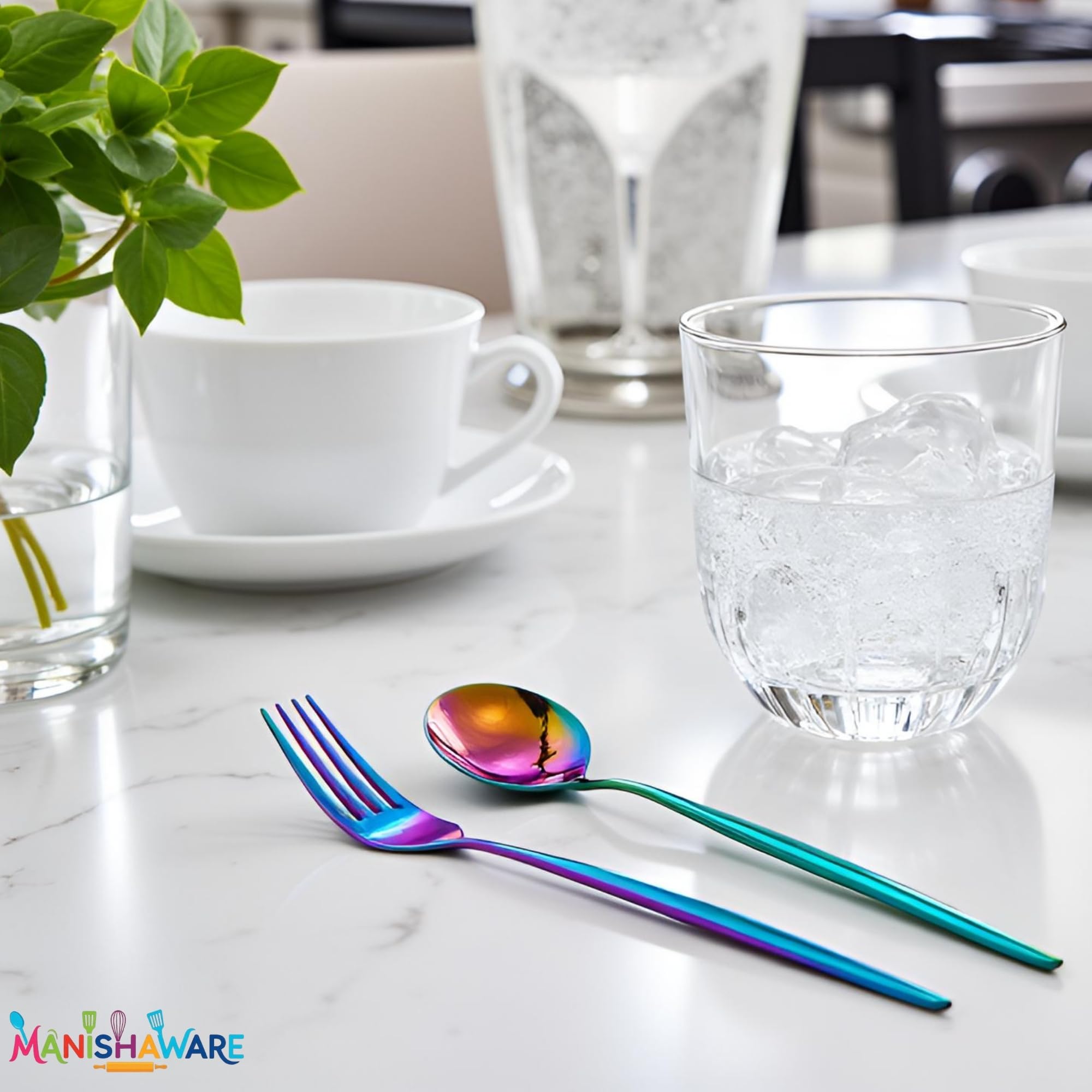Manishaware Slim Handle Rainbow 8 Pcs Stainless Steel Cutlery Set for Dining Table, Dishwasher Safe Glossy Flatware (2 spoon set + 2 forks set + 2 Butter knife + 2 Dessert Spoon)